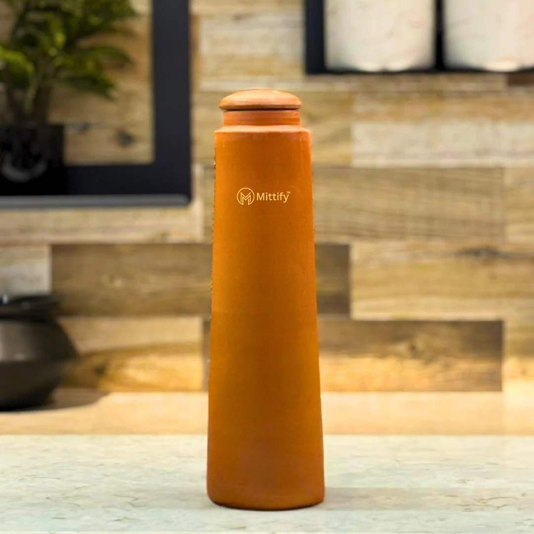 Handmade Earthen Clay Water Bottle - Plain Straight tower Design Clay water bottle (1000ml) - Image 4