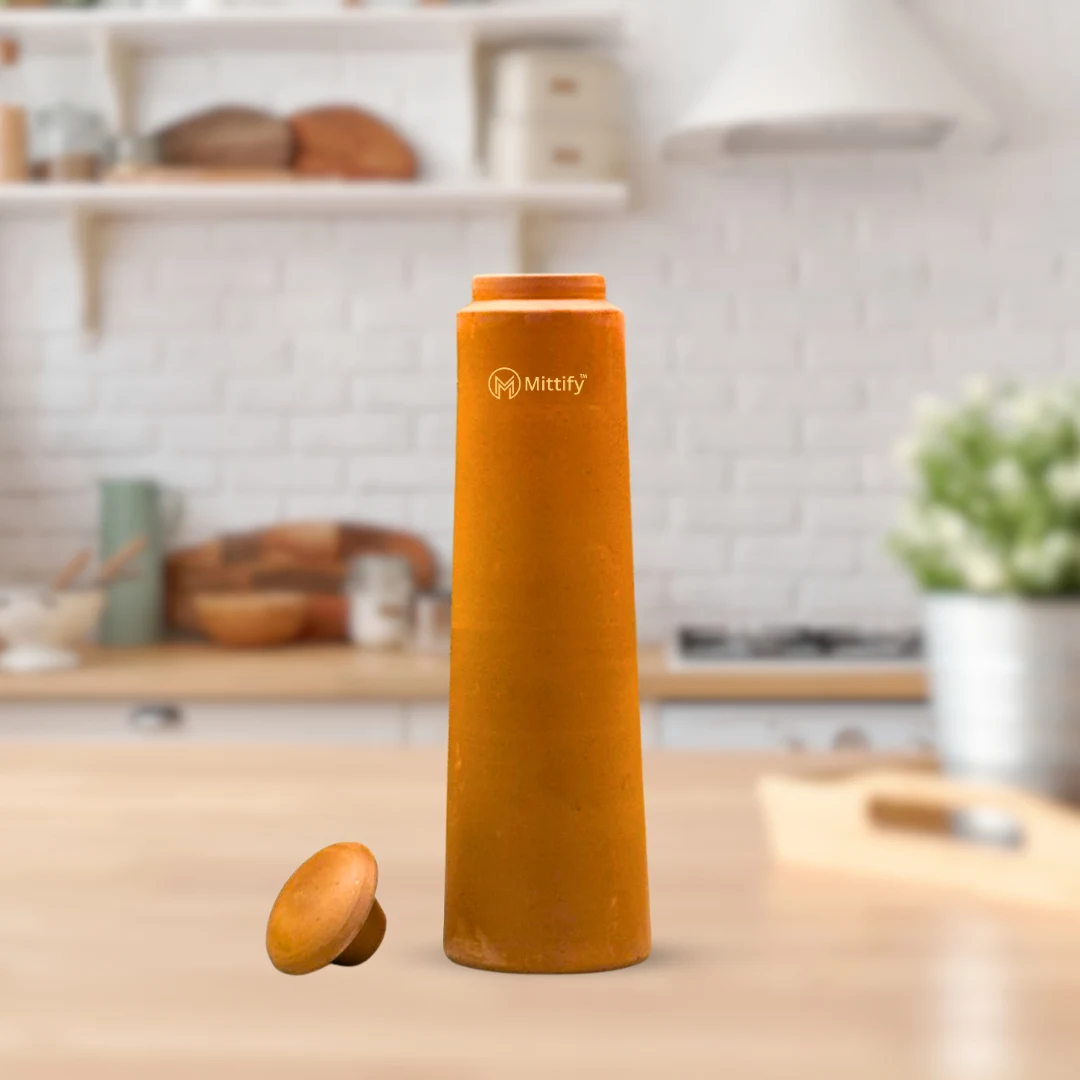 Handmade Earthen Clay Water Bottle - Plain Straight tower Design Clay water bottle (1000ml) - Image 6