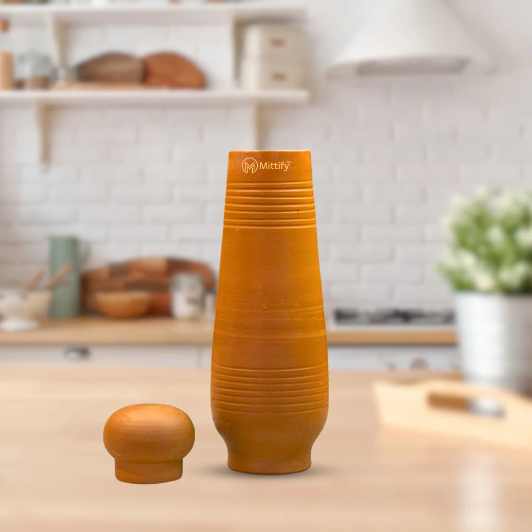 Handmade Earthen Clay Water Bottle - Horizontal line Design with Oval Cap Clay Water bottle (33oz/1000ml) - Image 4