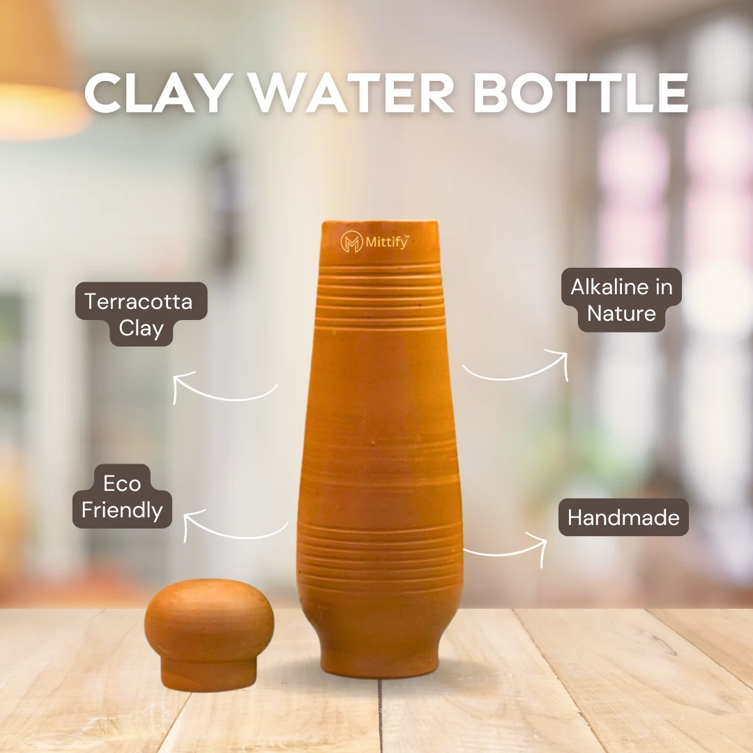 Handmade Earthen Clay Water Bottle - Horizontal line Design with Oval Cap Clay Water bottle (33oz/1000ml) - Image 5