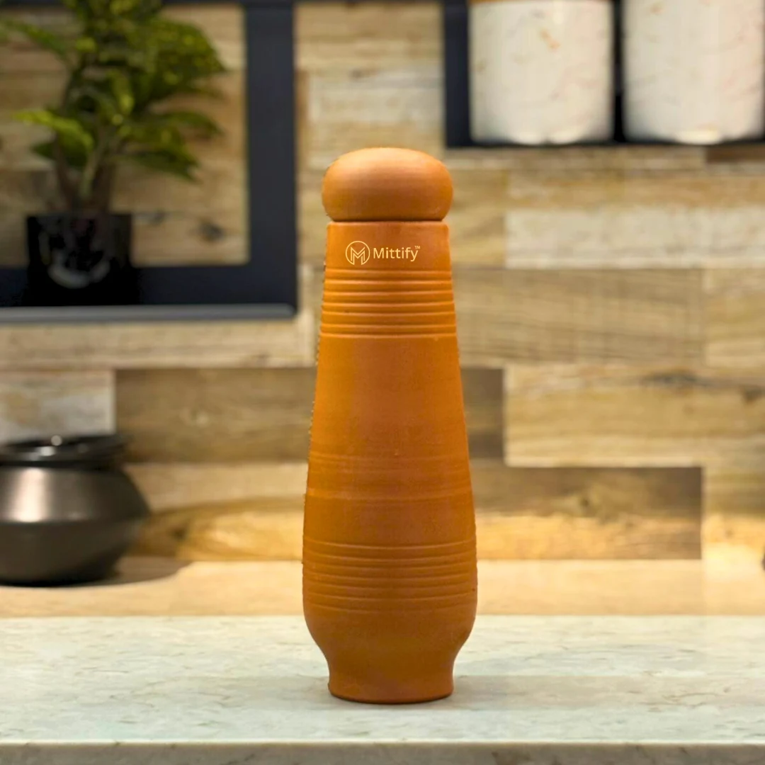 Handmade Earthen Clay Water Bottle - Horizontal line Design with Oval Cap Clay Water bottle (33oz/1000ml) - Image 7