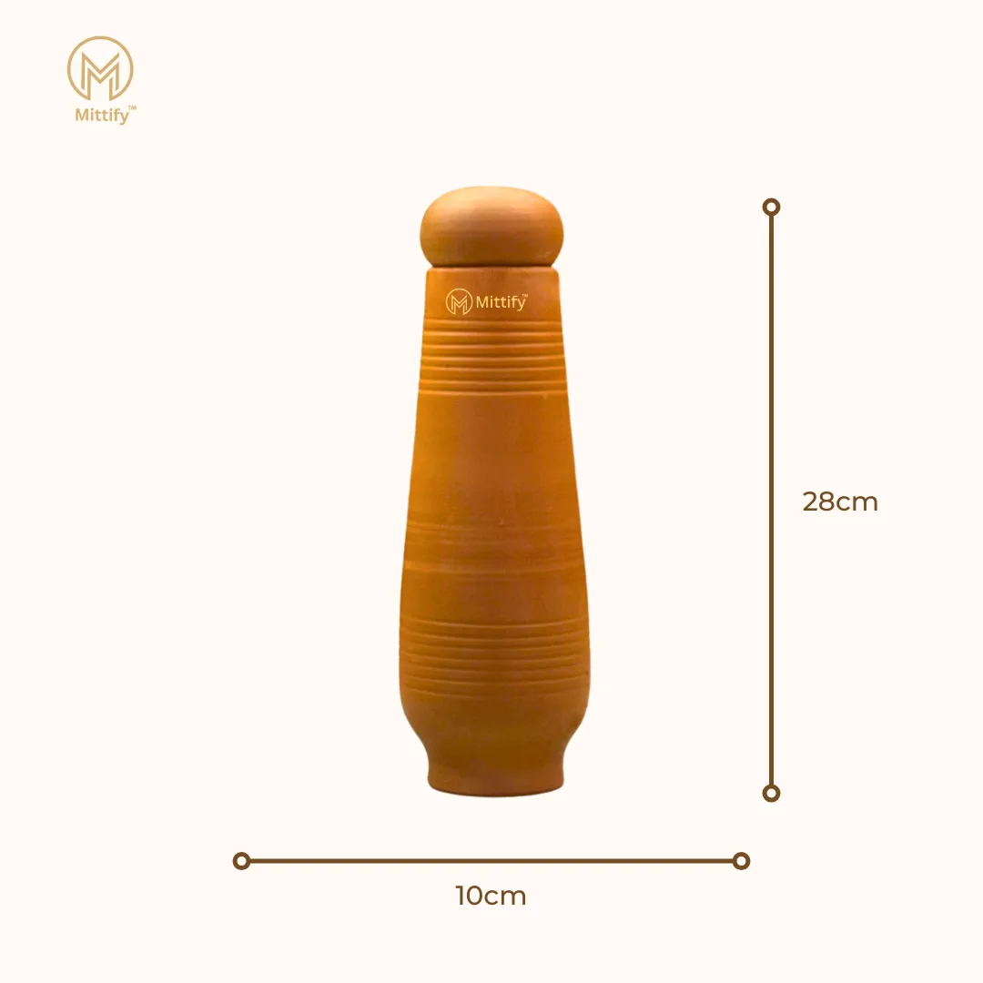 Handmade Earthen Clay Water Bottle - Horizontal line Design with Oval Cap Clay Water bottle (33oz/1000ml) - Image 6