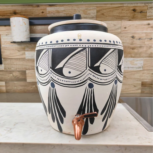 Earthen Handmade White Clay Water Pot Black Spades Design 11L