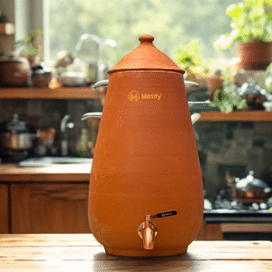 Mittify Plain Cone Shape Clay Water Pot 13 Litre capacity | Stainless Steel Tap
