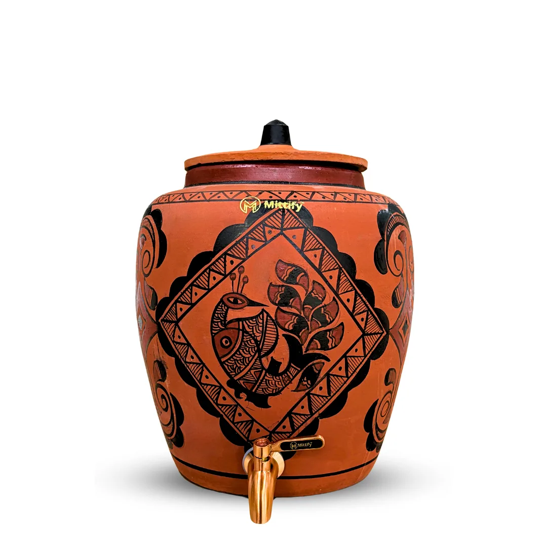 Red Clay Water Pot Peacock Design, Natural Cooling Water Dispenser Comes with Metal Tap and Lid Capcity 11 Liters / 372 Oz - Image 2