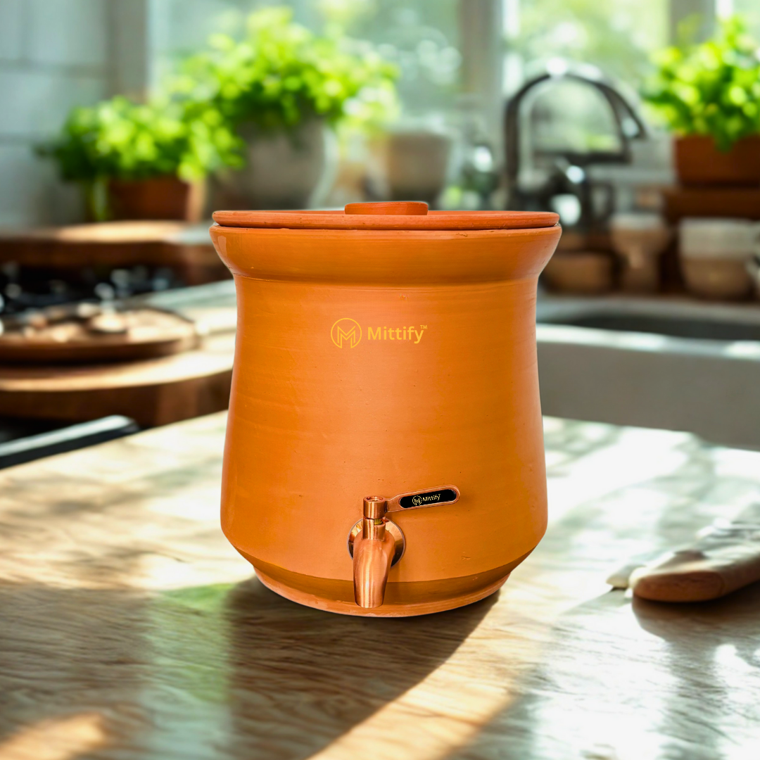 Mitttify Terracotta Classic Shape Clay Water Pot 8 litre | Metal Tap
