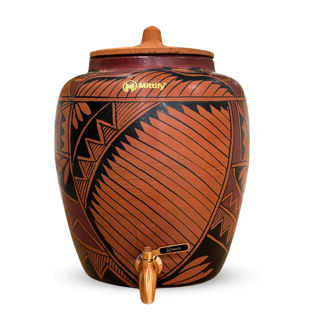 Red Clay Water Pot Harp Design, Natural Cooling Water Dispenser Comes with Metal Tap and Lid Capacity 11 Liters / 372 Oz - Image 2