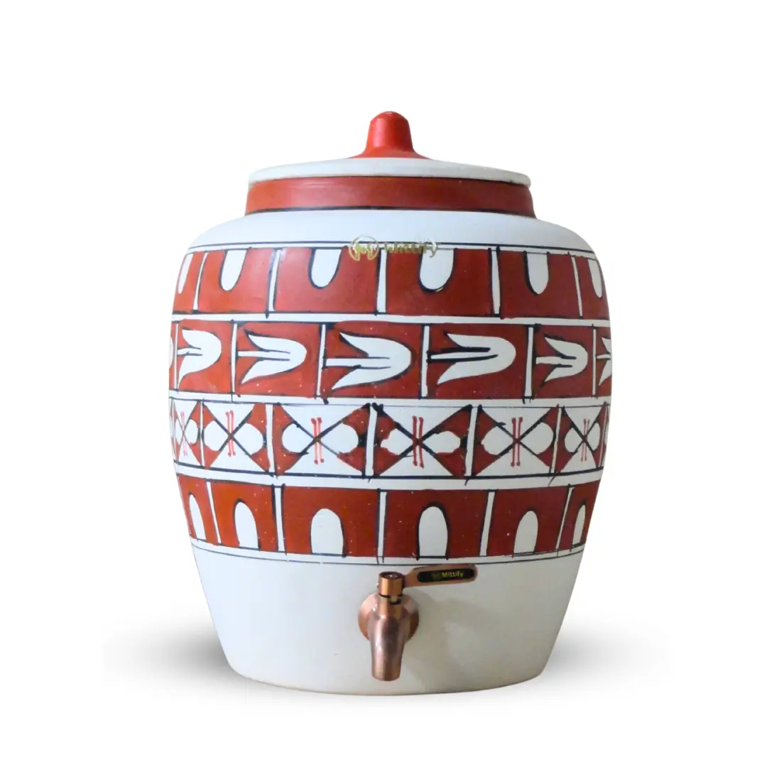 Earthen White Clay Water Pot Cross Design with Metal Tap (372oz/11L) for better Life Style - Image 2