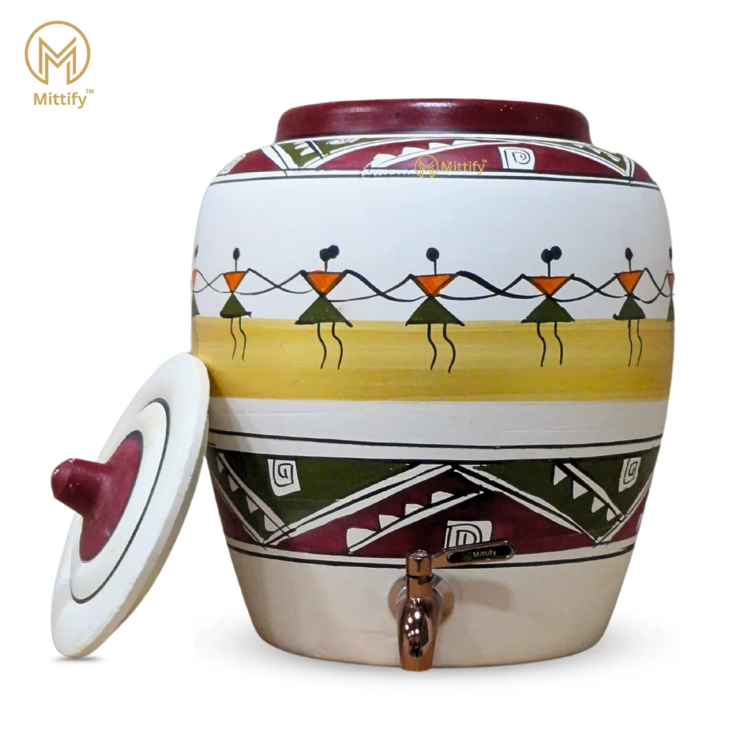 Earthen White Clay Water Pot Dancing Doll Design With Metal Tap 372oz/11L - Image 3