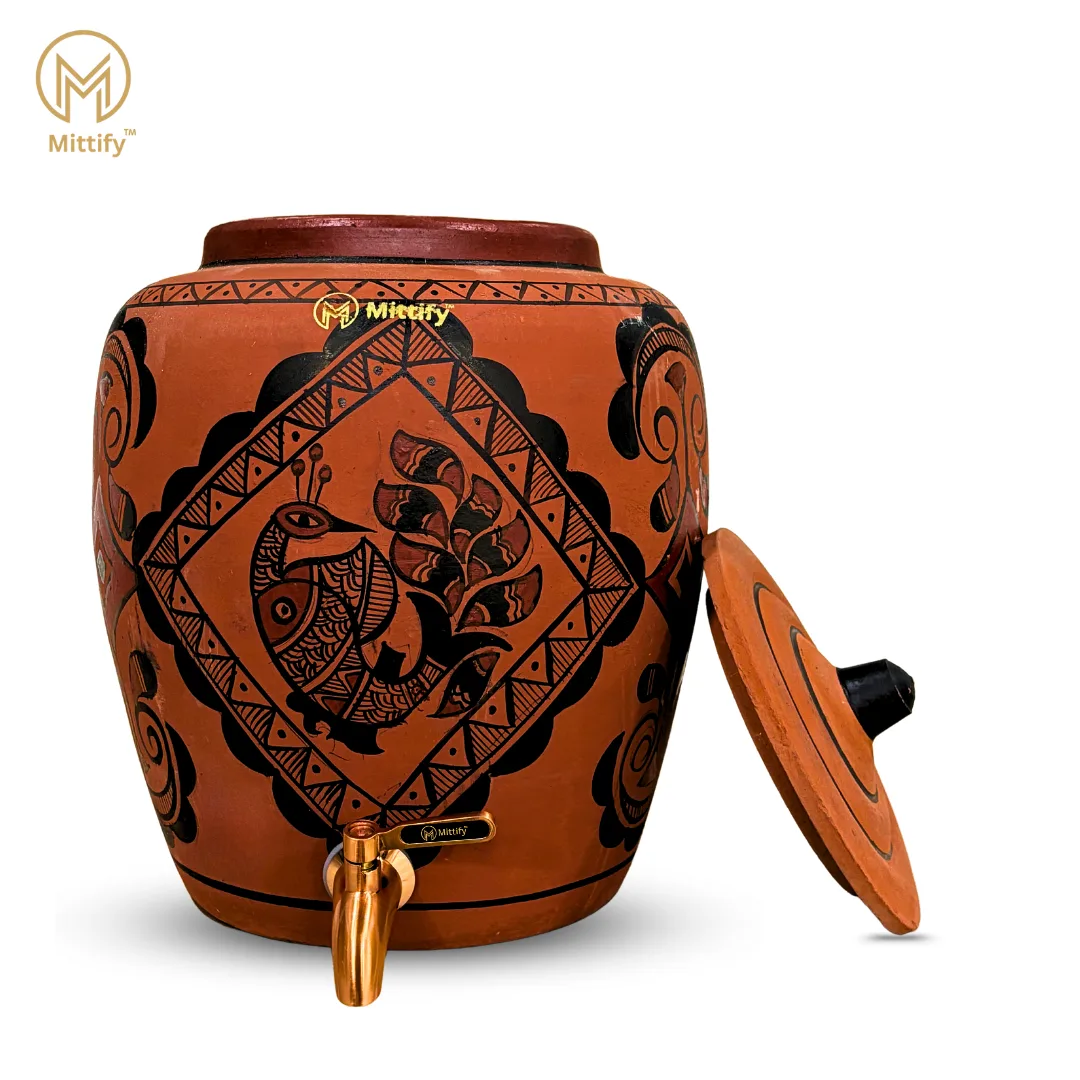 Red Clay Water Pot Peacock Design, Natural Cooling Water Dispenser Comes with Metal Tap and Lid Capcity 11 Liters / 372 Oz - Image 3