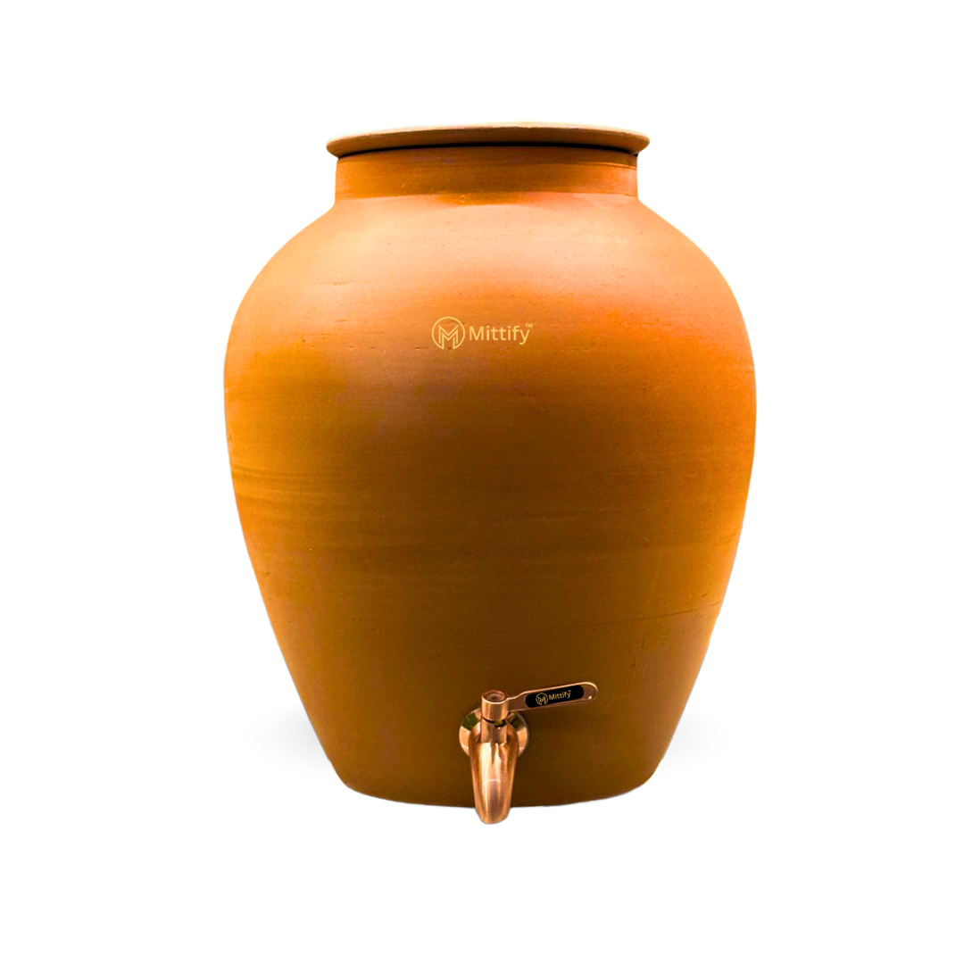 Mittify Terracotta Plain Red Clay Medium Neck Clay Water Pot 11 Litre | Metal Tap - Image 2