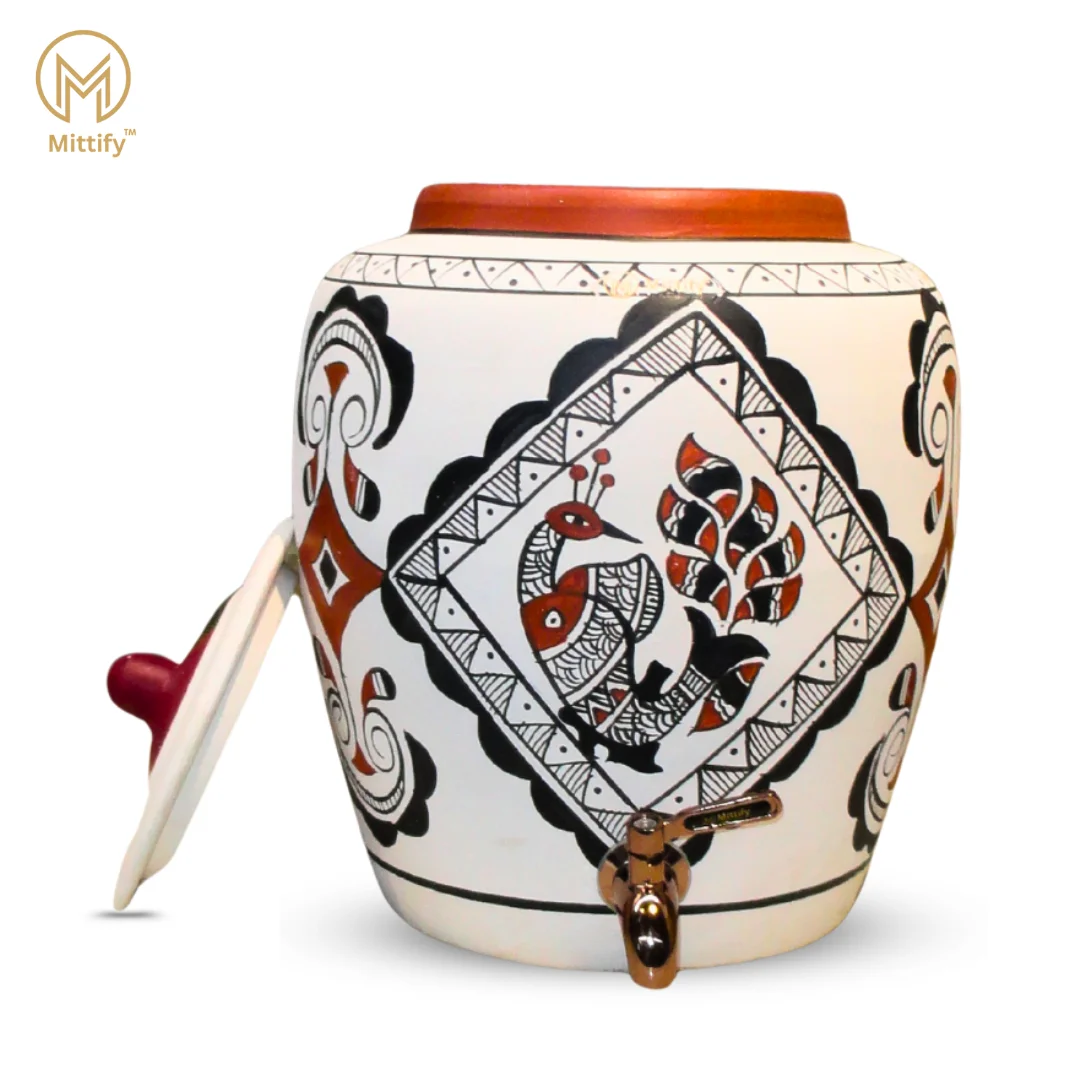 Earthenware White Clay Water Pot Peacock Design, Natural Cooling Water Dispenser Comes with Metal Tap and Lid Capcity 11 Liters - Image 3