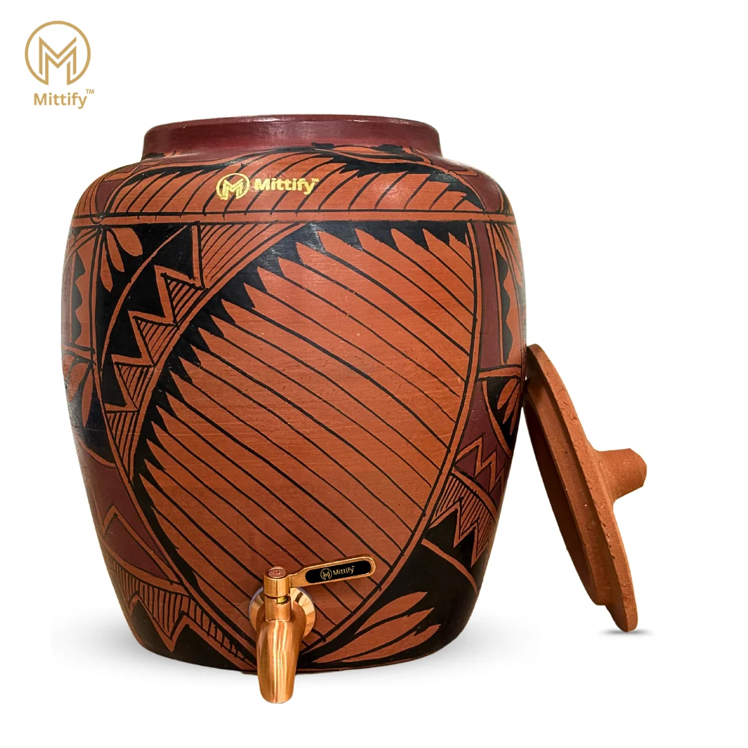Red Clay Water Pot Harp Design, Natural Cooling Water Dispenser Comes with Metal Tap and Lid Capacity 11 Liters / 372 Oz - Image 3