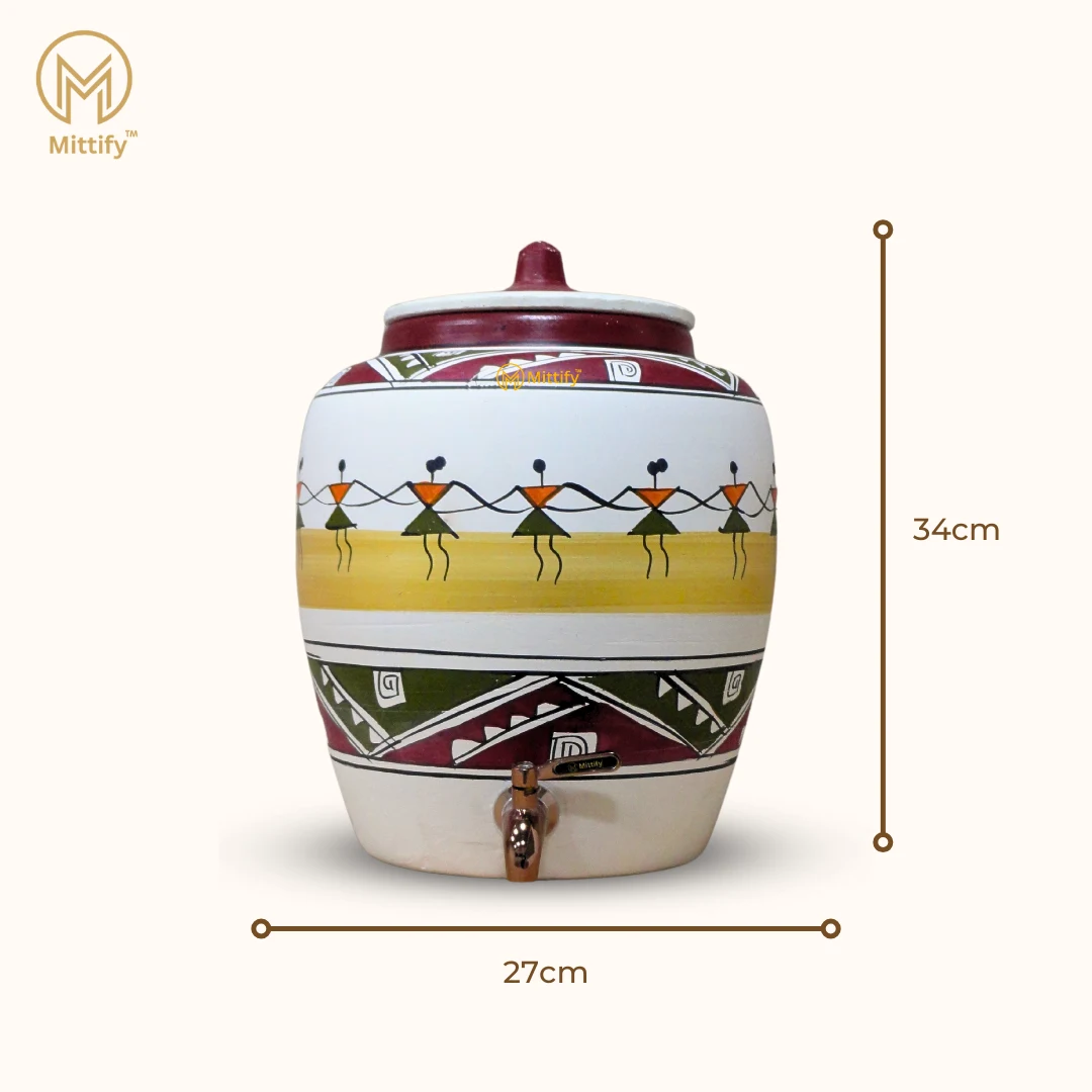 Earthen White Clay Water Pot Dancing Doll Design With Metal Tap 372oz/11L - Image 4