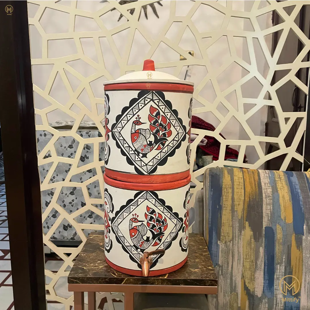 Earthen Clay Water Filter Peacock Design with Metal Tap Use Natural Filteration For Your Better Health And Clay Lid 676oz/20L - Image 3