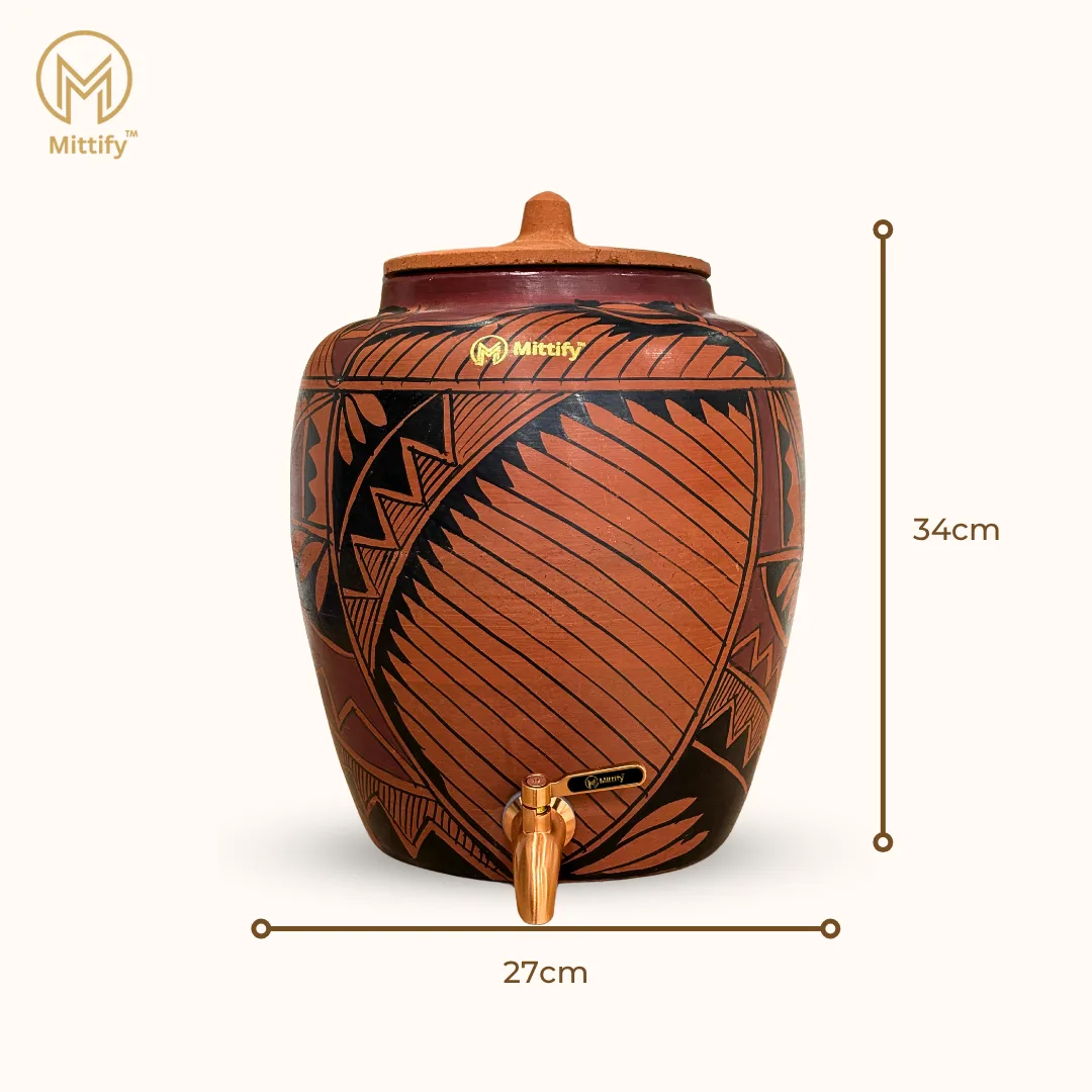 Red Clay Water Pot Harp Design, Natural Cooling Water Dispenser Comes with Metal Tap and Lid Capacity 11 Liters / 372 Oz - Image 4