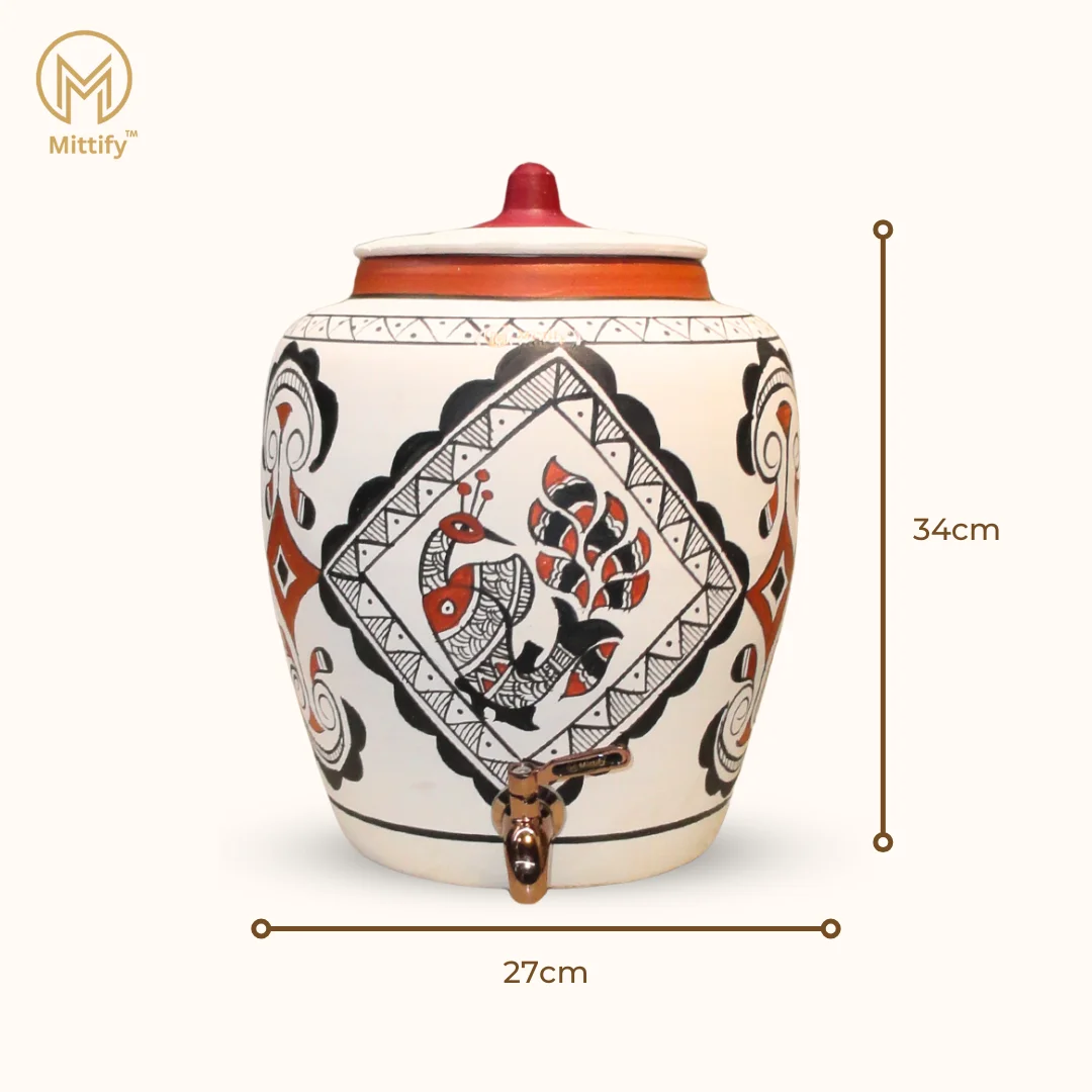 Earthenware White Clay Water Pot Peacock Design, Natural Cooling Water Dispenser Comes with Metal Tap and Lid Capcity 11 Liters - Image 4