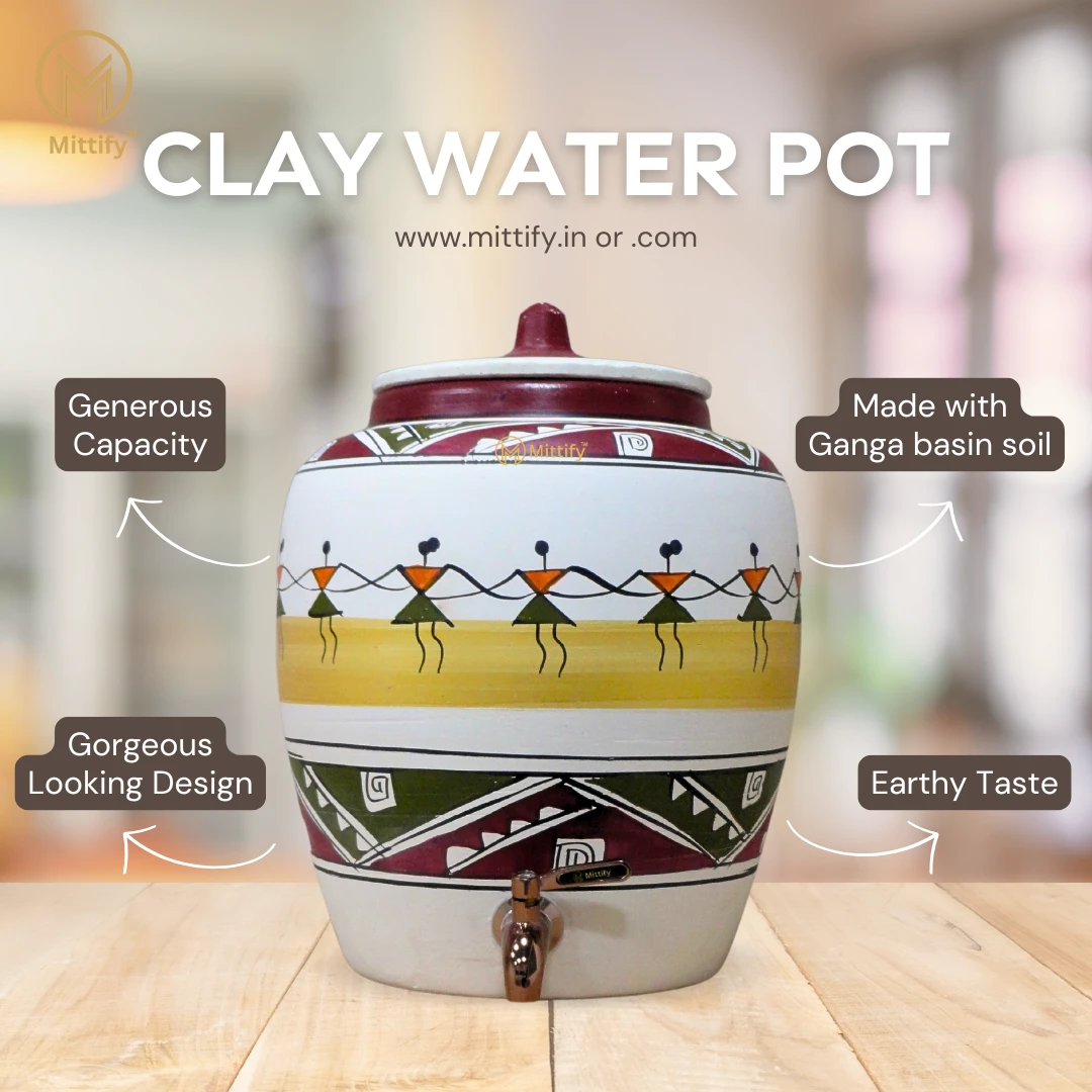 Earthen White Clay Water Pot Dancing Doll Design With Metal Tap 372oz/11L - Image 6