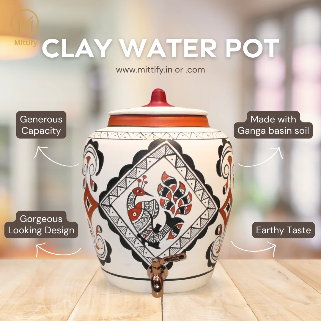 Earthenware White Clay Water Pot Peacock Design, Natural Cooling Water Dispenser Comes with Metal Tap and Lid Capcity 11 Liters - Image 5