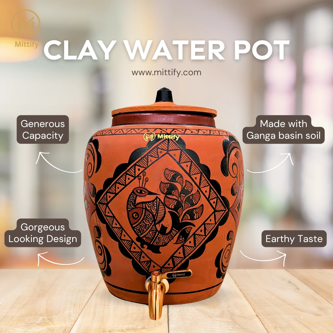 Red Clay Water Pot Peacock Design, Natural Cooling Water Dispenser Comes with Metal Tap and Lid Capcity 11 Liters / 372 Oz - Image 7