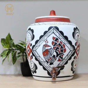 Earthenware White Clay Water Pot Peacock Design, Natural Cooling Water Dispenser Comes with Metal Tap and Lid Capcity 11 Liters