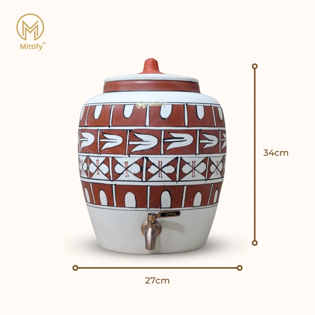 Earthen White Clay Water Pot Cross Design with Metal Tap (372oz/11L) for better Life Style - Image 4