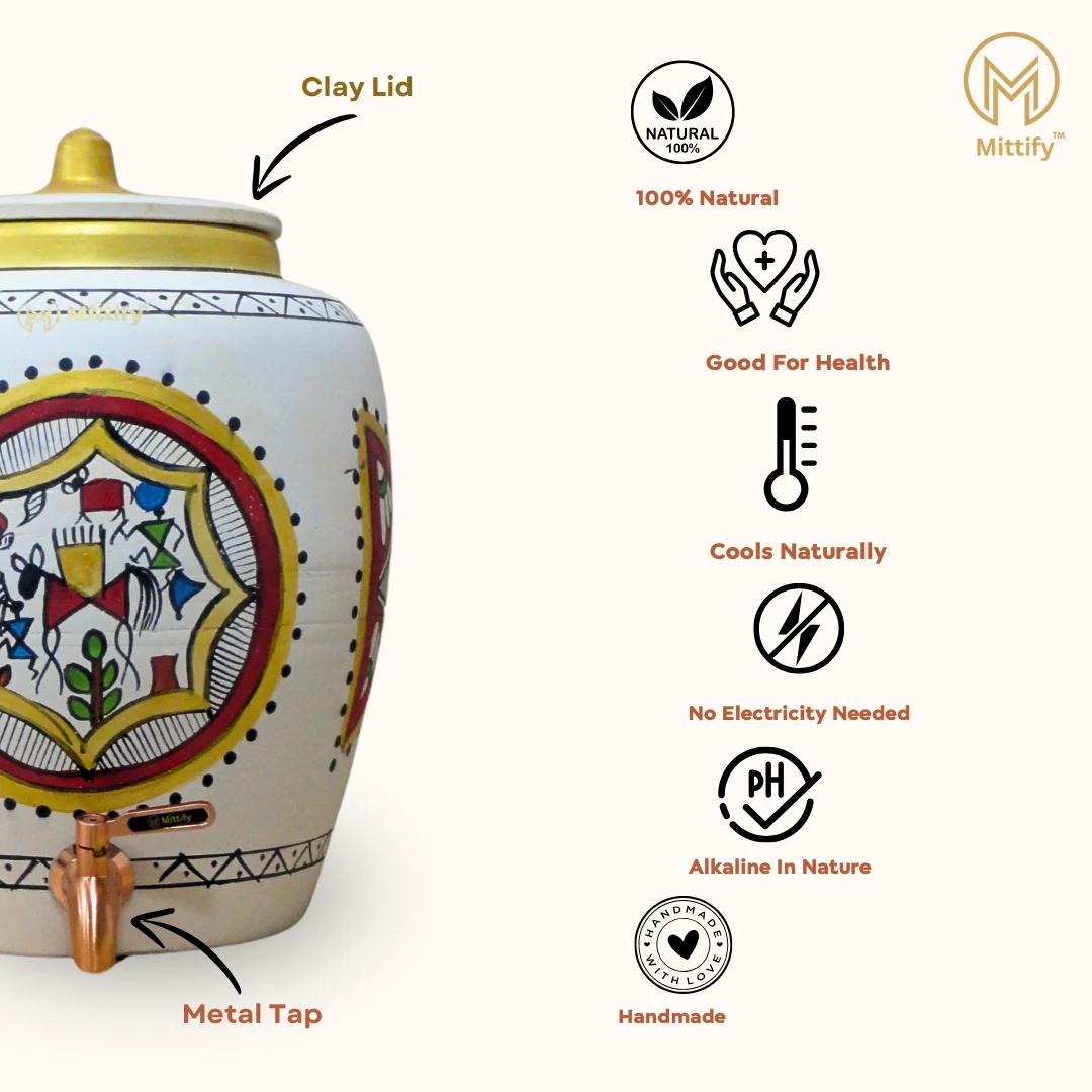 White Clay Water Pot Rocking Horse Design with Metal Tap (372oz/11L) for better Health - Image 5