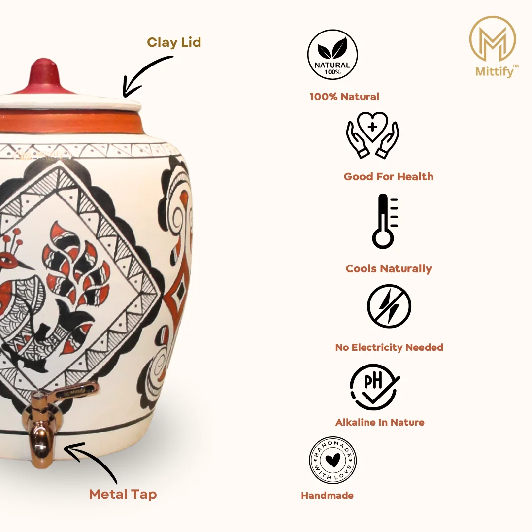 Earthenware White Clay Water Pot Peacock Design, Natural Cooling Water Dispenser Comes with Metal Tap and Lid Capcity 11 Liters - Image 6