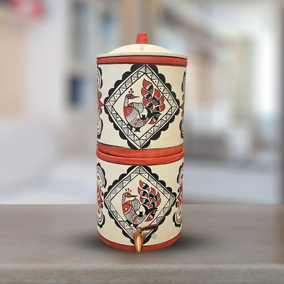 Earthen Clay Water Filter Peacock Design with Metal Tap Use Natural Filteration For Your Better Health And Clay Lid 676oz/20L