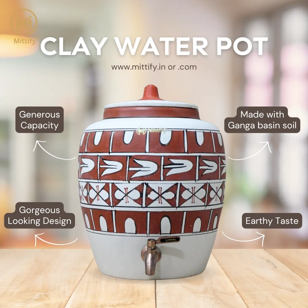 Earthen White Clay Water Pot Cross Design with Metal Tap (372oz/11L) for better Life Style - Image 6