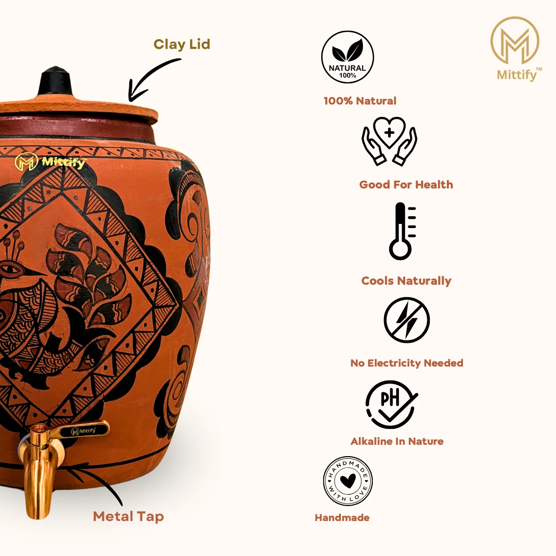 Red Clay Water Pot Peacock Design, Natural Cooling Water Dispenser Comes with Metal Tap and Lid Capcity 11 Liters / 372 Oz - Image 6