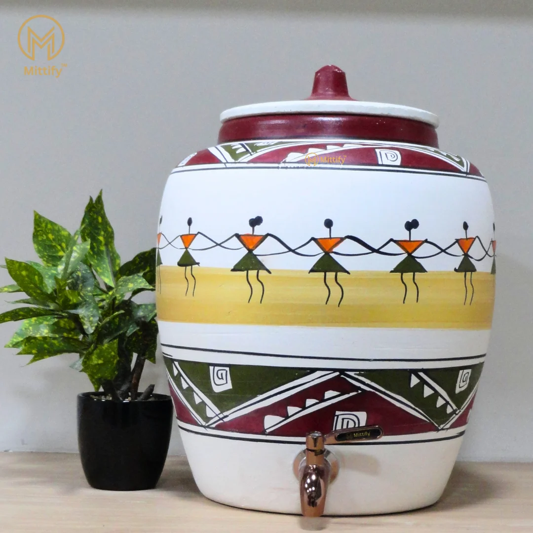 Earthen White Clay Water Pot Dancing Doll Design With Metal Tap 372oz/11L