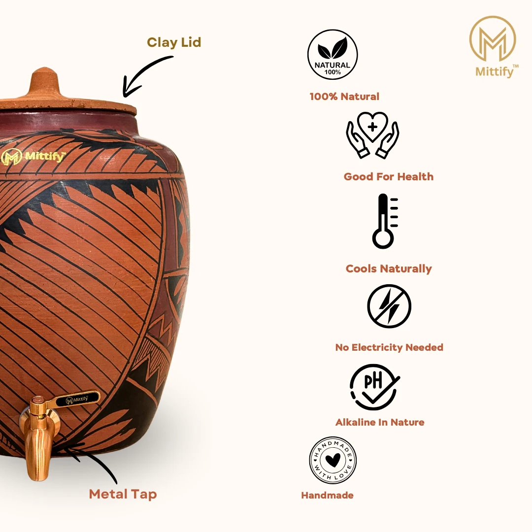 Red Clay Water Pot Harp Design, Natural Cooling Water Dispenser Comes with Metal Tap and Lid Capacity 11 Liters / 372 Oz - Image 7