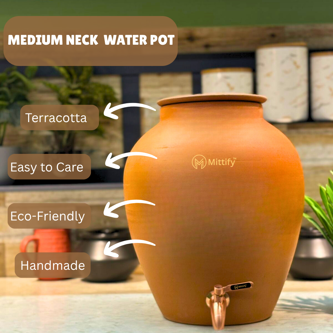 Mittify Terracotta Plain Red Clay Medium Neck Clay Water Pot 11 Litre | Metal Tap - Image 7