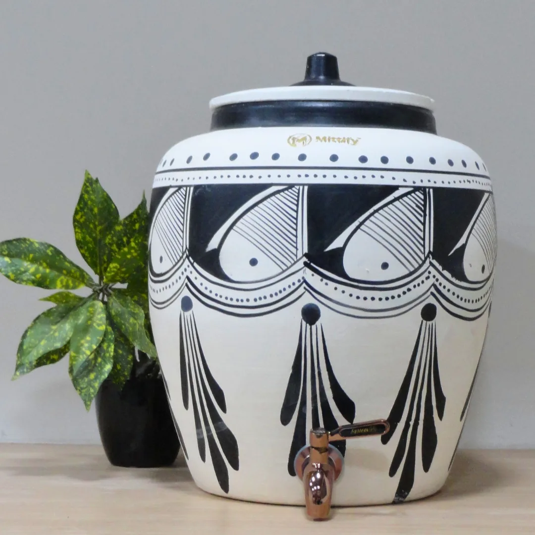 Earthen White Clay Water Pot Black Spade Design with Metal Tap (372oz/11L) For Better Life Style