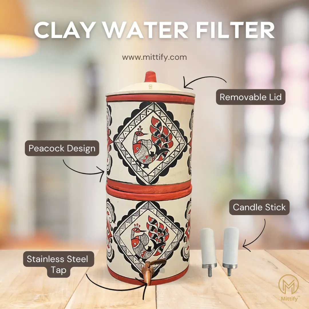 Earthen Clay Water Filter Peacock Design with Metal Tap Use Natural Filteration For Your Better Health And Clay Lid 676oz/20L - Image 5