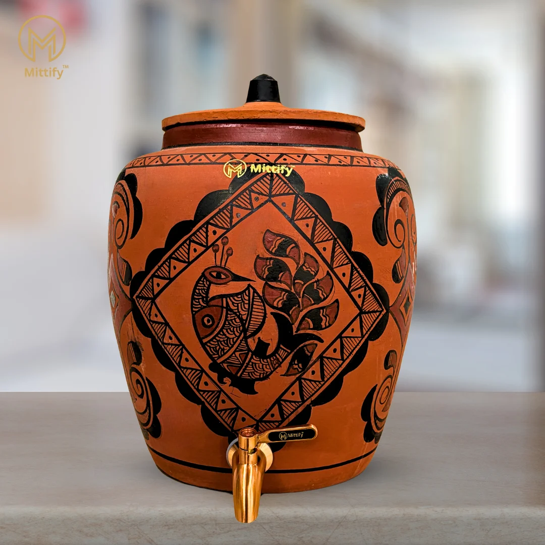 Red Clay Water Pot Peacock Design, Natural Cooling Water Dispenser Comes with Metal Tap and Lid Capcity 11 Liters / 372 Oz