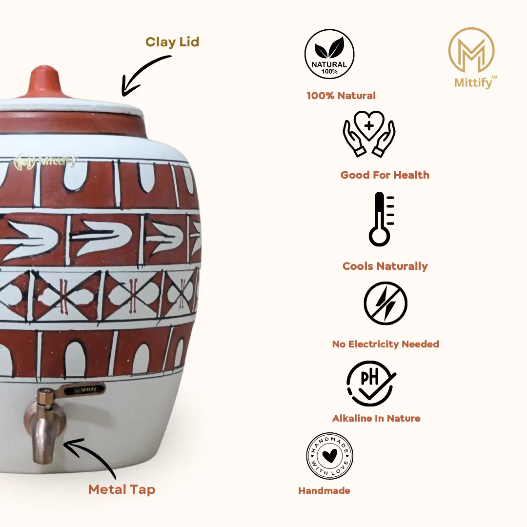 Earthen White Clay Water Pot Cross Design with Metal Tap (372oz/11L) for better Life Style - Image 7