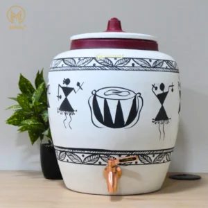 Earthen White Clay Water Pot Warli Design for better Lifestyle with Metal Tap 372oz/11L