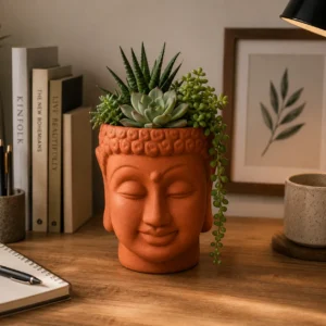 Buddha Face Planter – Red Clay Decorative Vase | Mittify