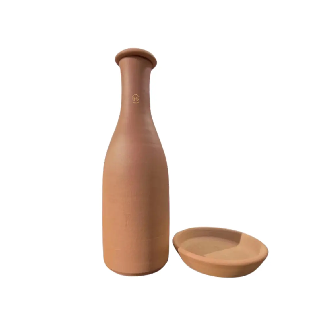 Handmade Earthen Clay Water Bottle Coconut Design with Tray - (27oz/800ml) - Image 3