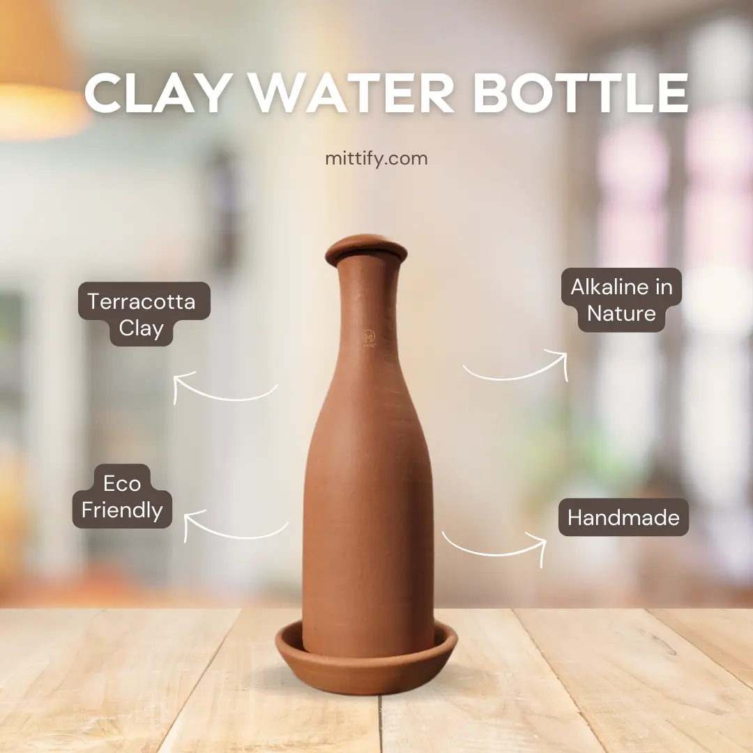 Handmade Earthen Clay Water Bottle Coconut Design with Tray - (27oz/800ml) - Image 4