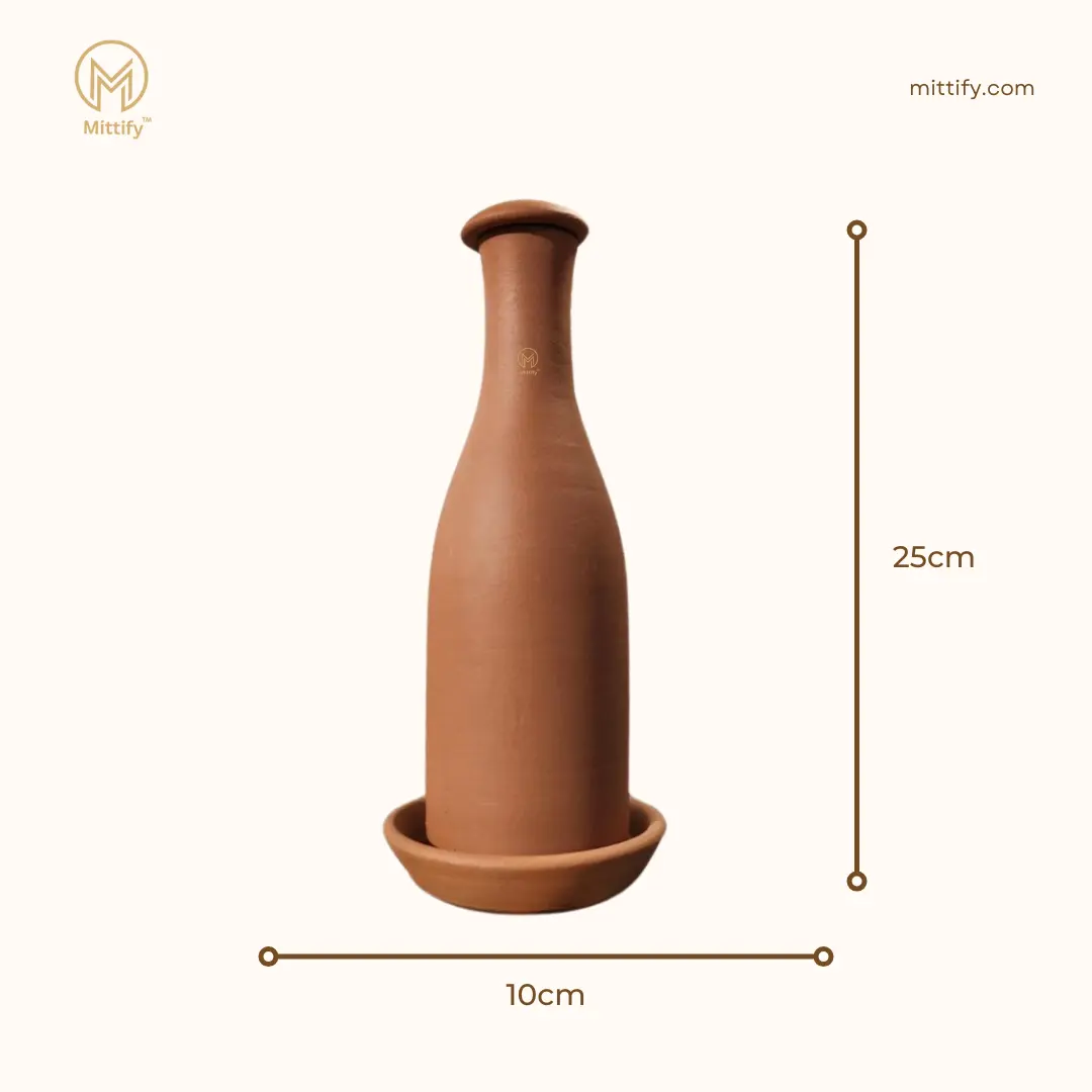 Handmade Earthen Clay Water Bottle Coconut Design with Tray - (27oz/800ml) - Image 5