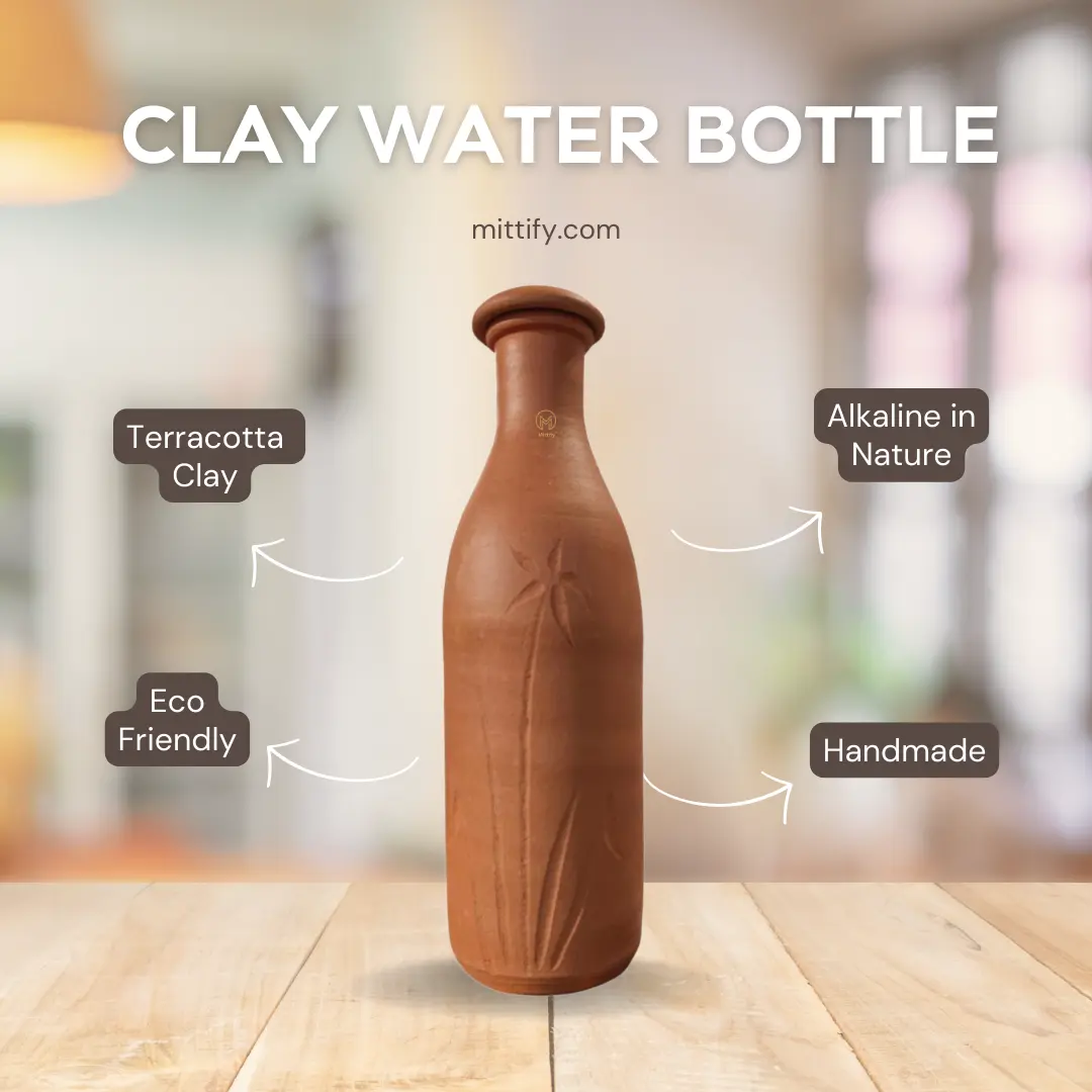 Handmade Earthen Clay Water Bottle Coconut Design - (27oz/800ml) - Image 4