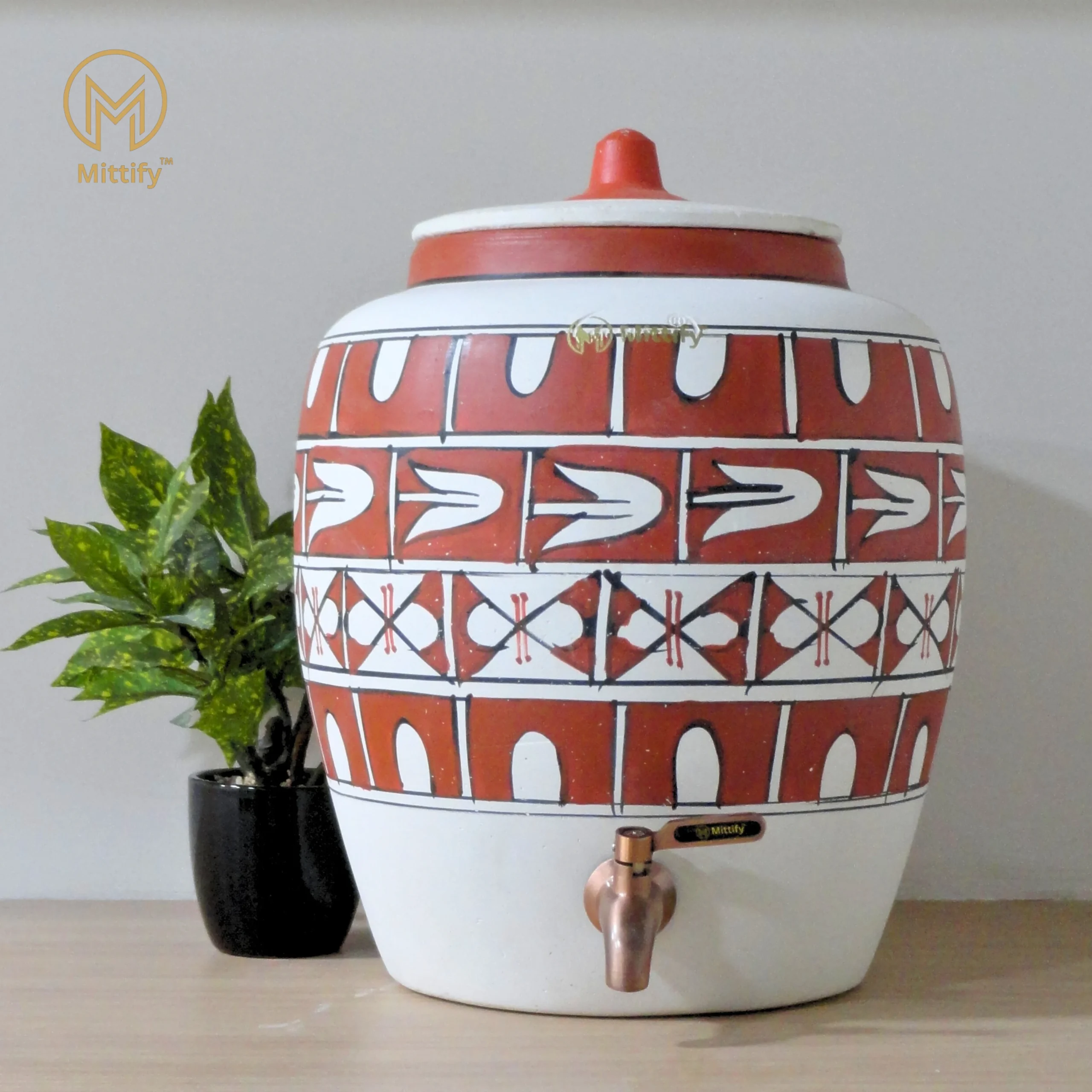 Earthen White Clay Water Pot Cross Design with Metal Tap (372oz/11L) for better Life Style