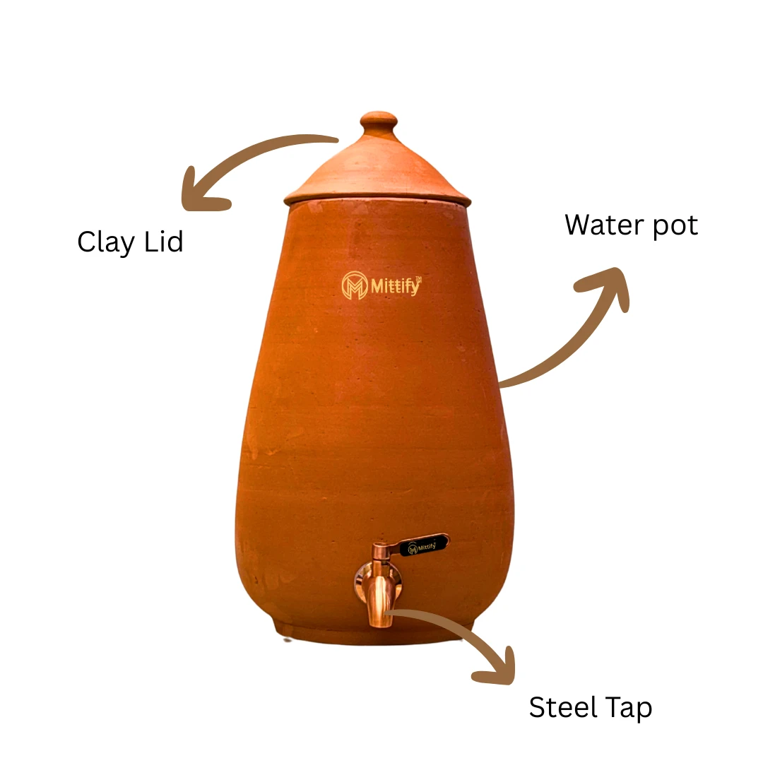 Mittify Plain Cone Shape Clay Water Pot 13 Litre capacity | Stainless Steel Tap - Image 6