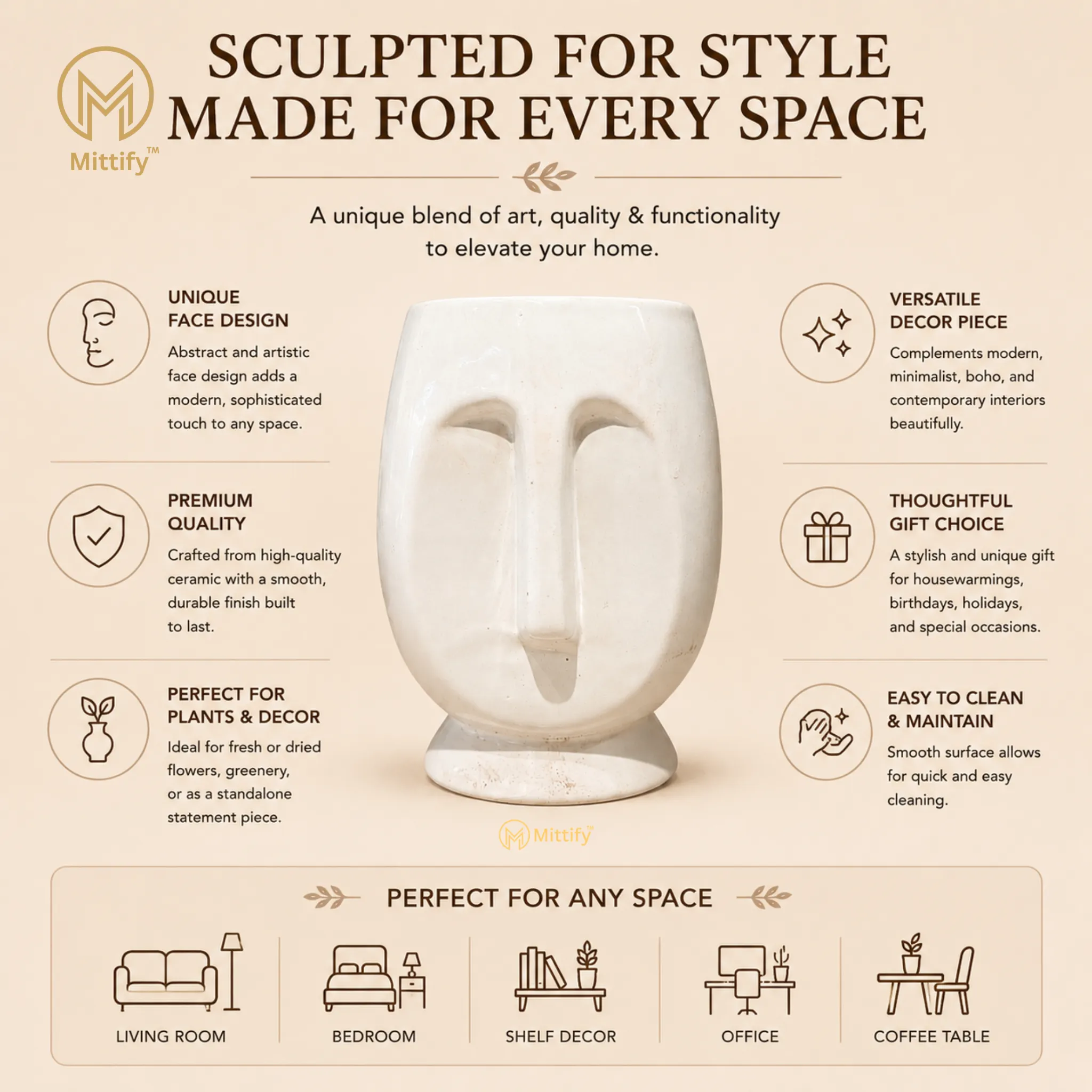 White Face Planter – Small Ceramic Modern Pot | Mittify - Image 4