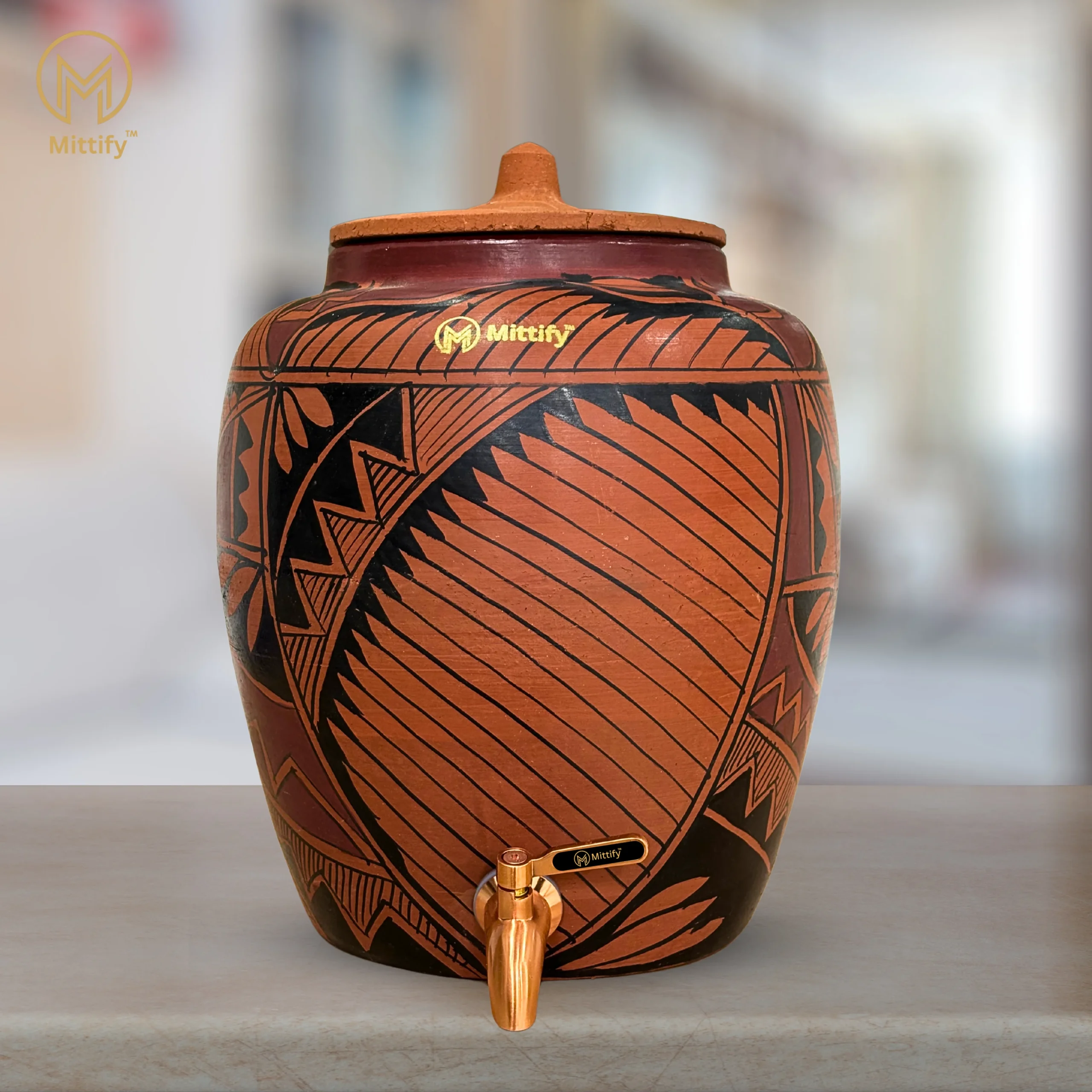 Red Clay Water Pot Harp Design, Natural Cooling Water Dispenser Comes with Metal Tap and Lid Capacity 11 Liters / 372 Oz