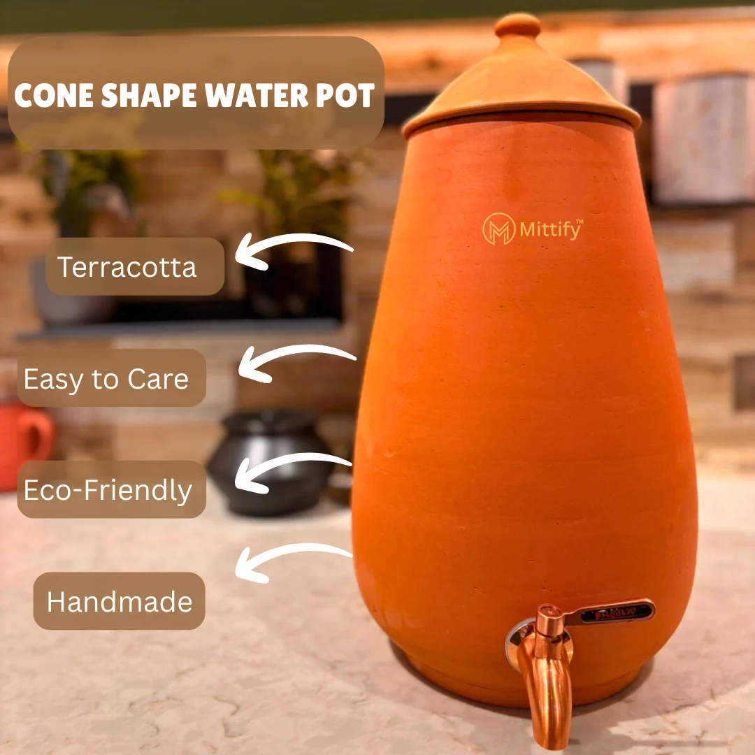 Mittify Plain Cone Shape Clay Water Pot 13 Litre capacity | Stainless Steel Tap - Image 7